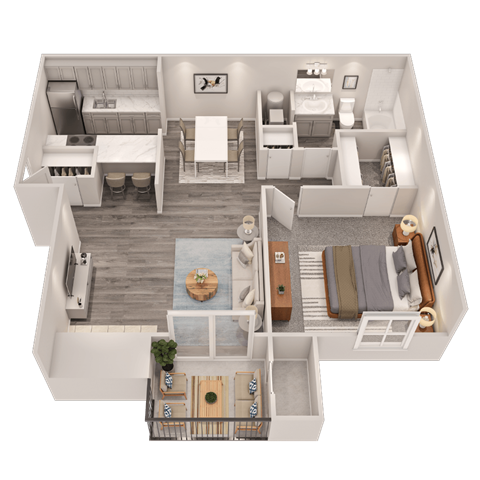 A 3D floor plan of a small apartment with a kitchen, living room, and bedroom.